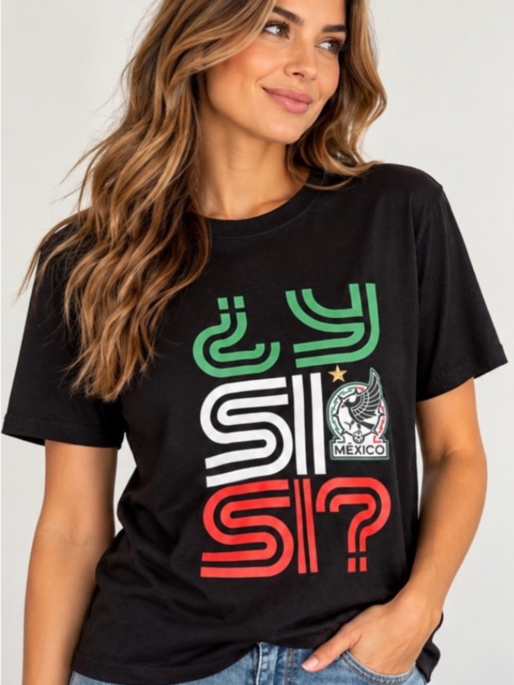 Mexico soccer graphic T-shirt featuring a bold “¿Y SI?” design in green, white,